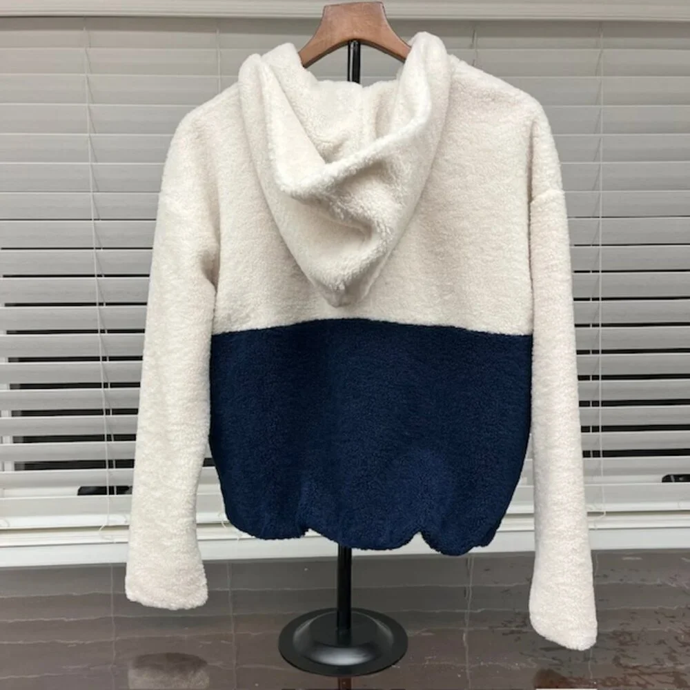 Evereve Reese Sherpa Quarter Zip Jacket Pullover Size S Ivory/Navy - Picture 2 of 7